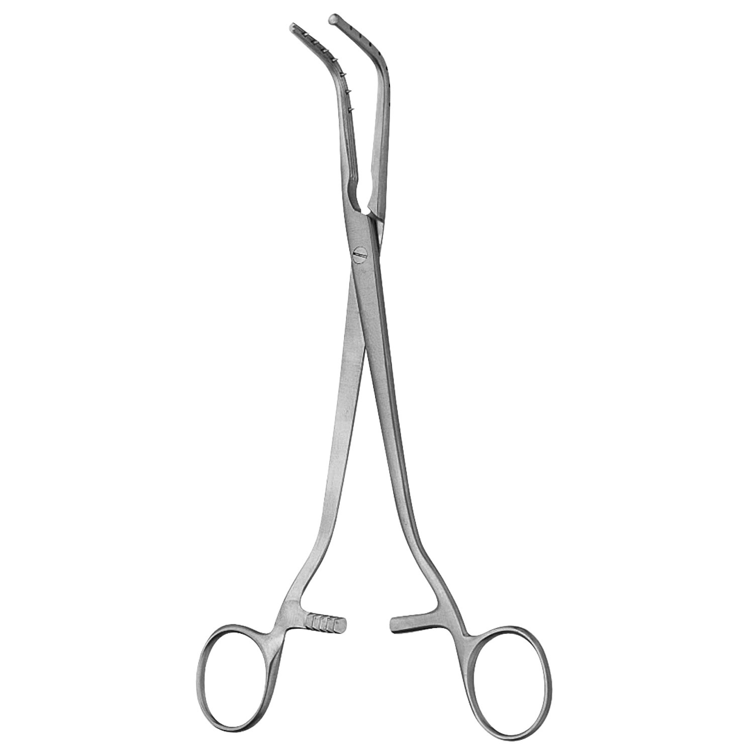 Sarot Bronchus Clamp, One Jaw Serrated Longitudinally, The Other W/ Pins, 9" (23.0 Cm), Curved Left